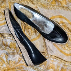 Ros Hommerson “Envy” Black Leather Low Wedge Espadrille Slip On Flats 9M